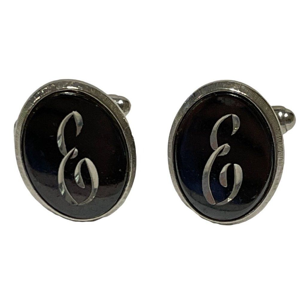 Vintage Oval Enamel Monogram Initial letter E  Mens Cufflinks  Silver Tone